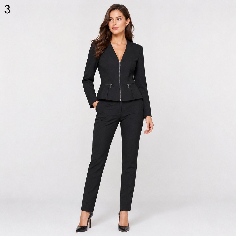 Bebe Peplum Blazer Jacket Womens 6 Black Cotton Blend Full Zip Zipper Detail